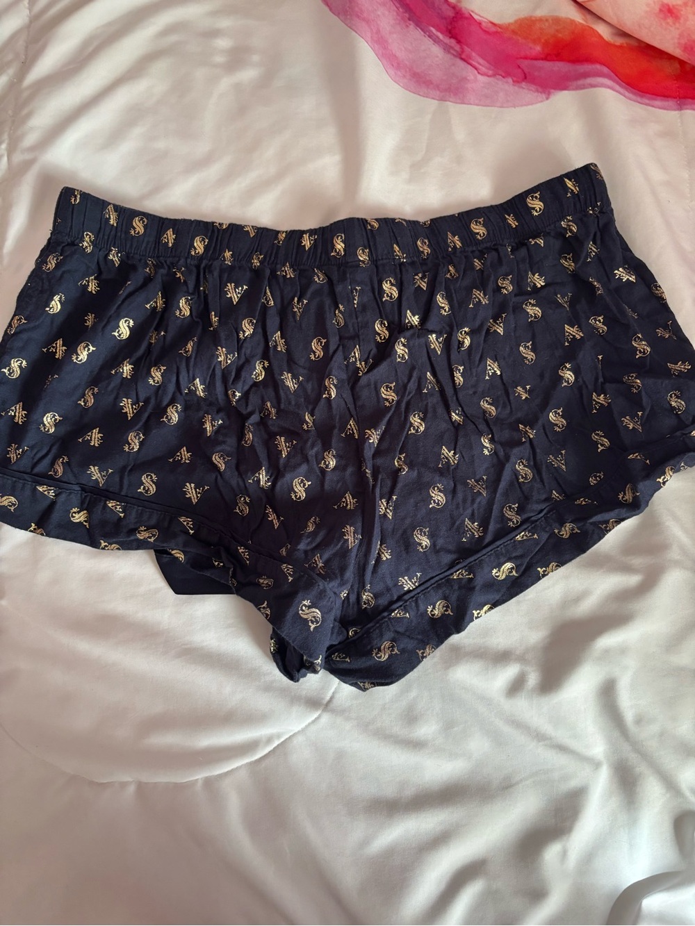 Victoria's Secret Large Navy Gold Monogram Cotton Pajama Sleep Shorts Tie Waist - Picture 6 of 13